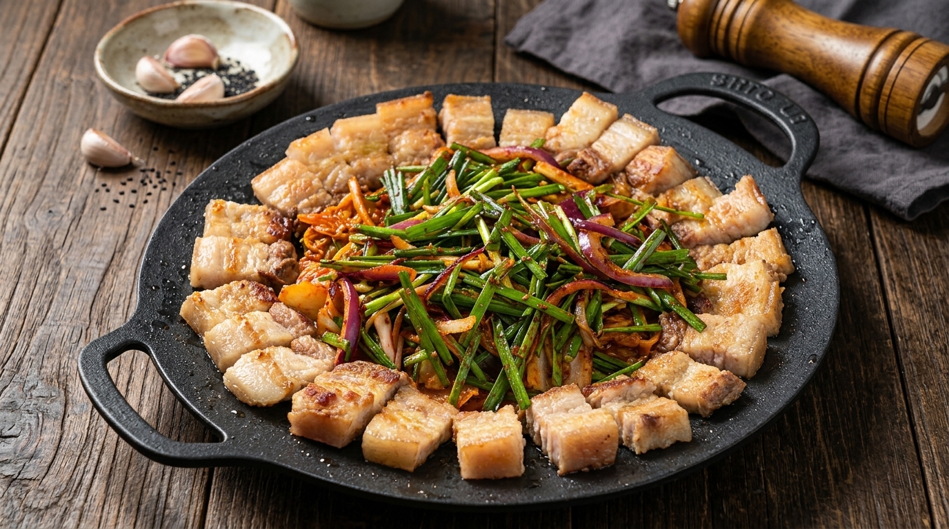 Tranches de poitrine de porc dorées disposées en cercle, entourant un cœur de kimchi fondant garni de poireaux et doignons frais.