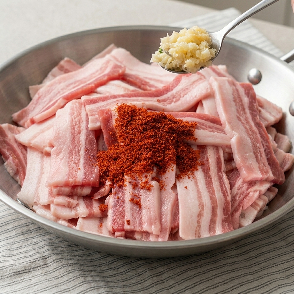 Tranches de poitrine de porc crues enrobées dune marinade rouge épicée dans un bol en inox.