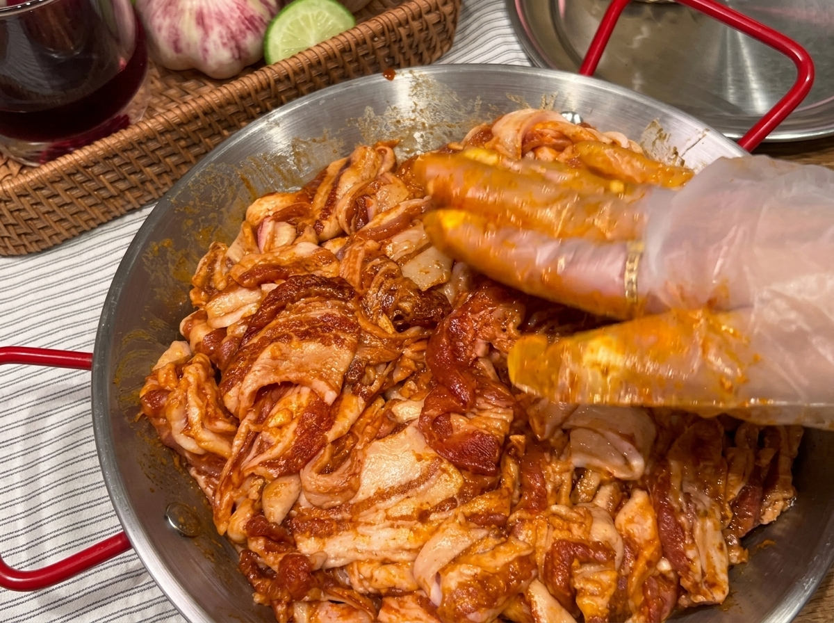 Tranches de porc mariné disposées dans une poêle chaude, commençant à grésiller.