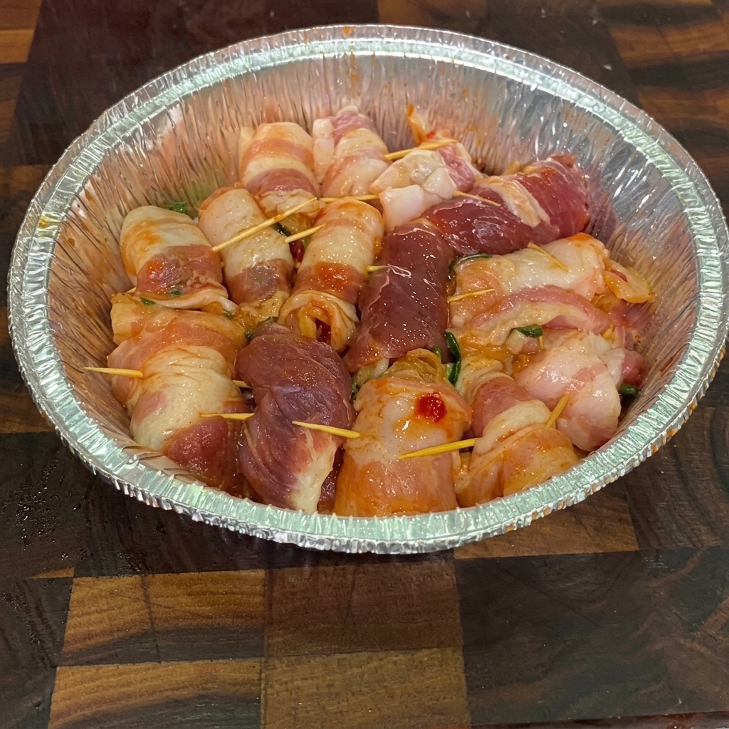 Gros plan sur des roulés de poitrine de porc au kimchi dans un plat en aluminium, en train dêtre vaporisés dhuile de cuisson.