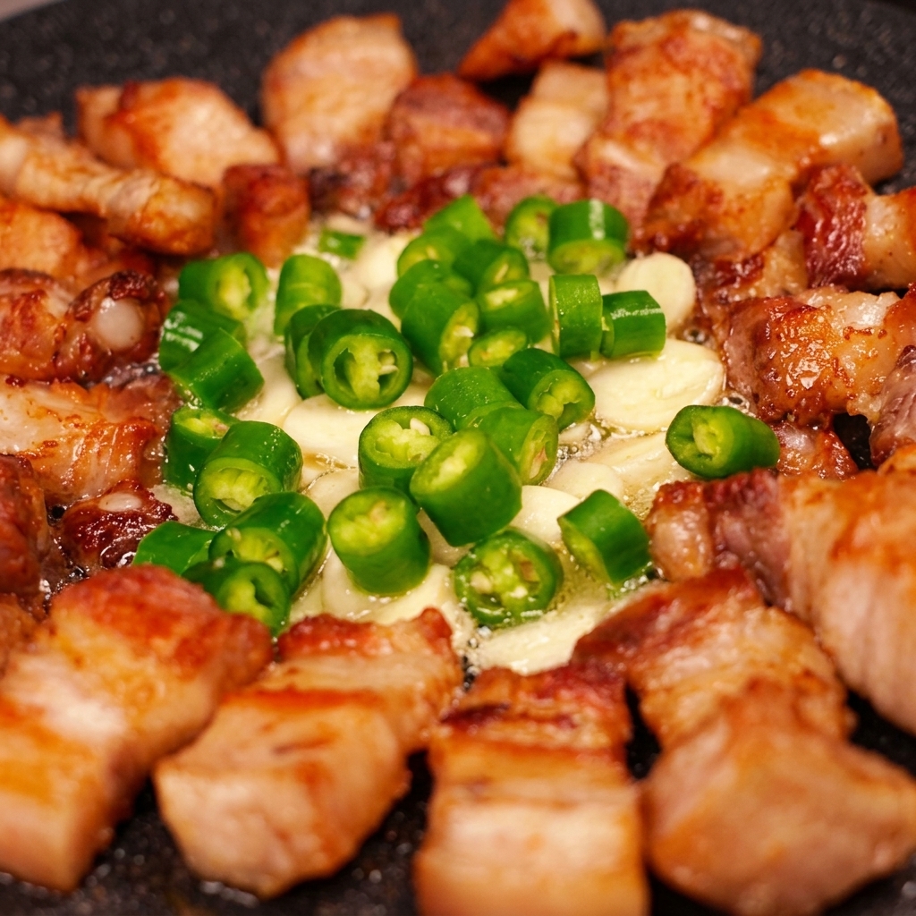 Kimchi et piments verts cuisant au centre de la poêle avec le porc autour.