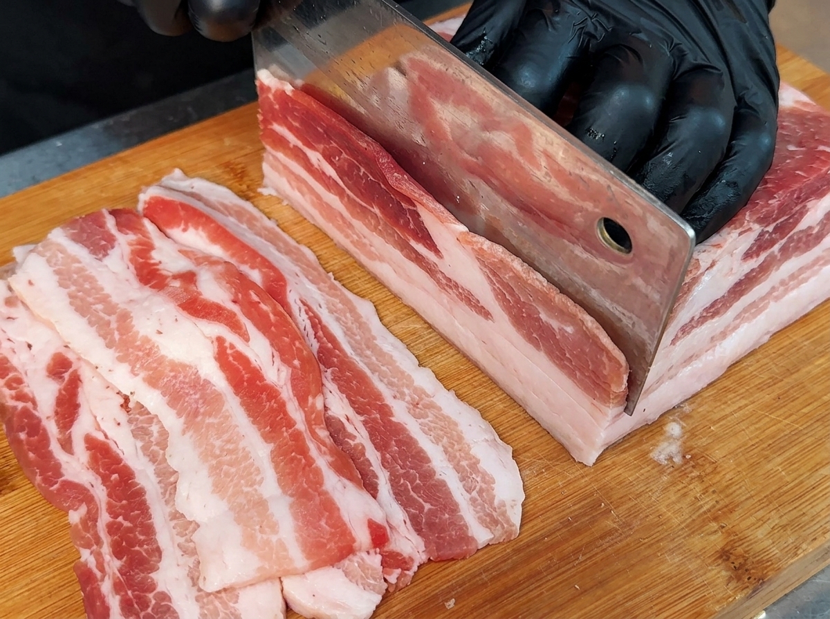 Fines tranches de poitrine de porc crue soigneusement disposées sur une planche à découper en bois.