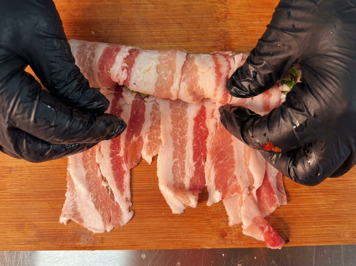 Gros plan de mains gantées de noir roulant fermement de fines tranches de poitrine de porc autour dune garniture colorée sur une planche à découper.