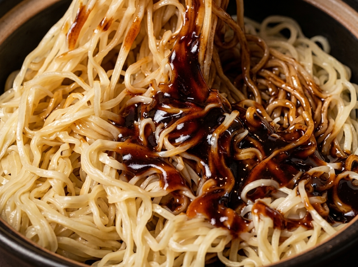 Nouilles mélangées vigoureusement avec une sauce sombre dans une poêle à laide de baguettes.