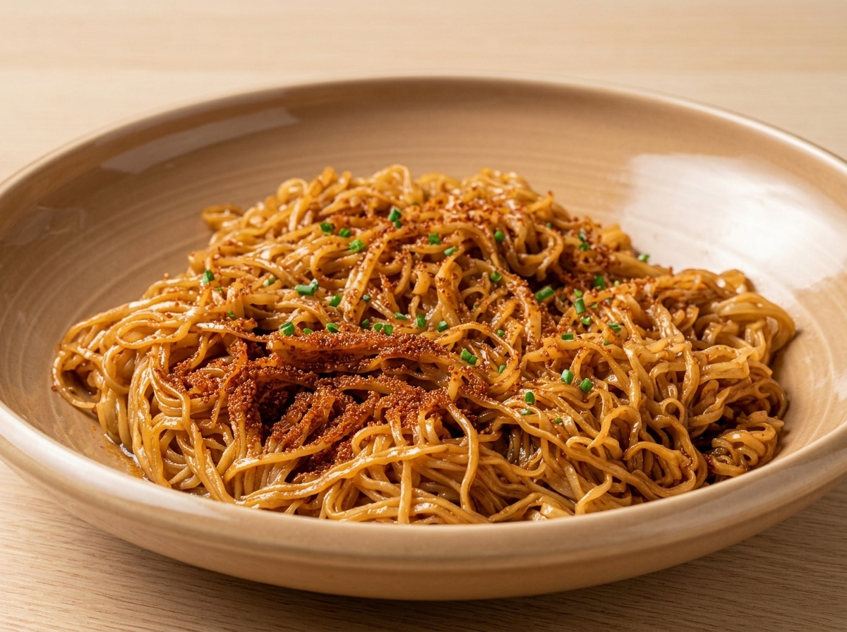 Œufs de crevettes séchés saupoudrés sur un bol de nouilles préparées.