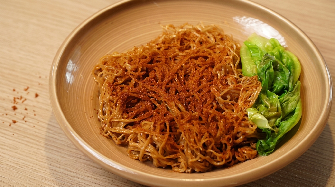Un bol de nouilles façon Hong Kong parsemées de savoureux œufs de crevettes et servies avec des feuilles de laitue croquantes.