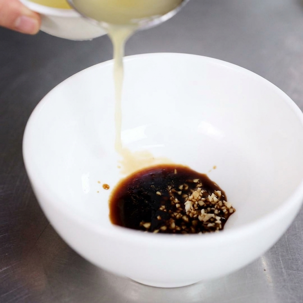 Saindoux fondu versé dans un bol contenant la sauce soja, lail et les oignons.