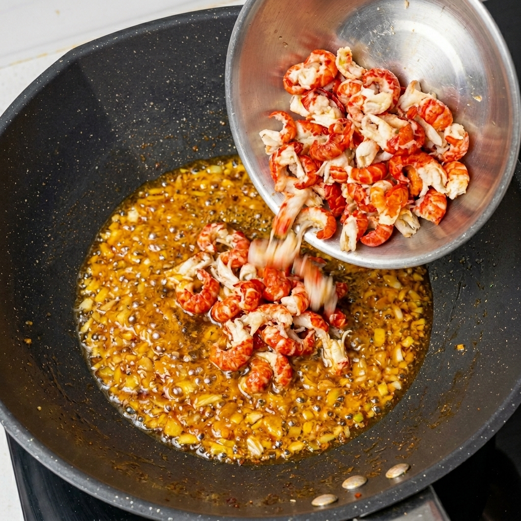 Les queues décrevisses blanchies sont mélangées dans le wok avec la base dhuile épicée.