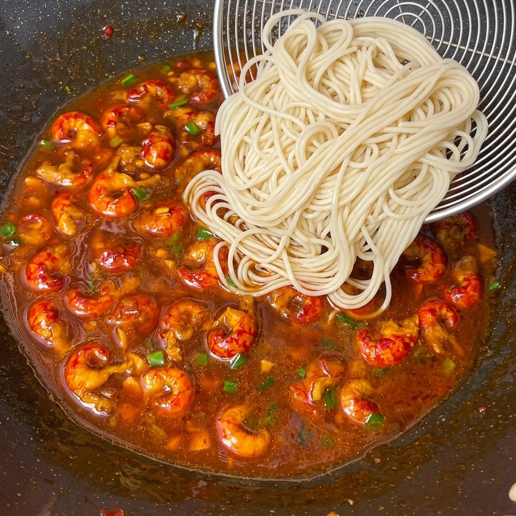 Nouilles précuites mélangées au wok avec la sauce aux écrevisses.