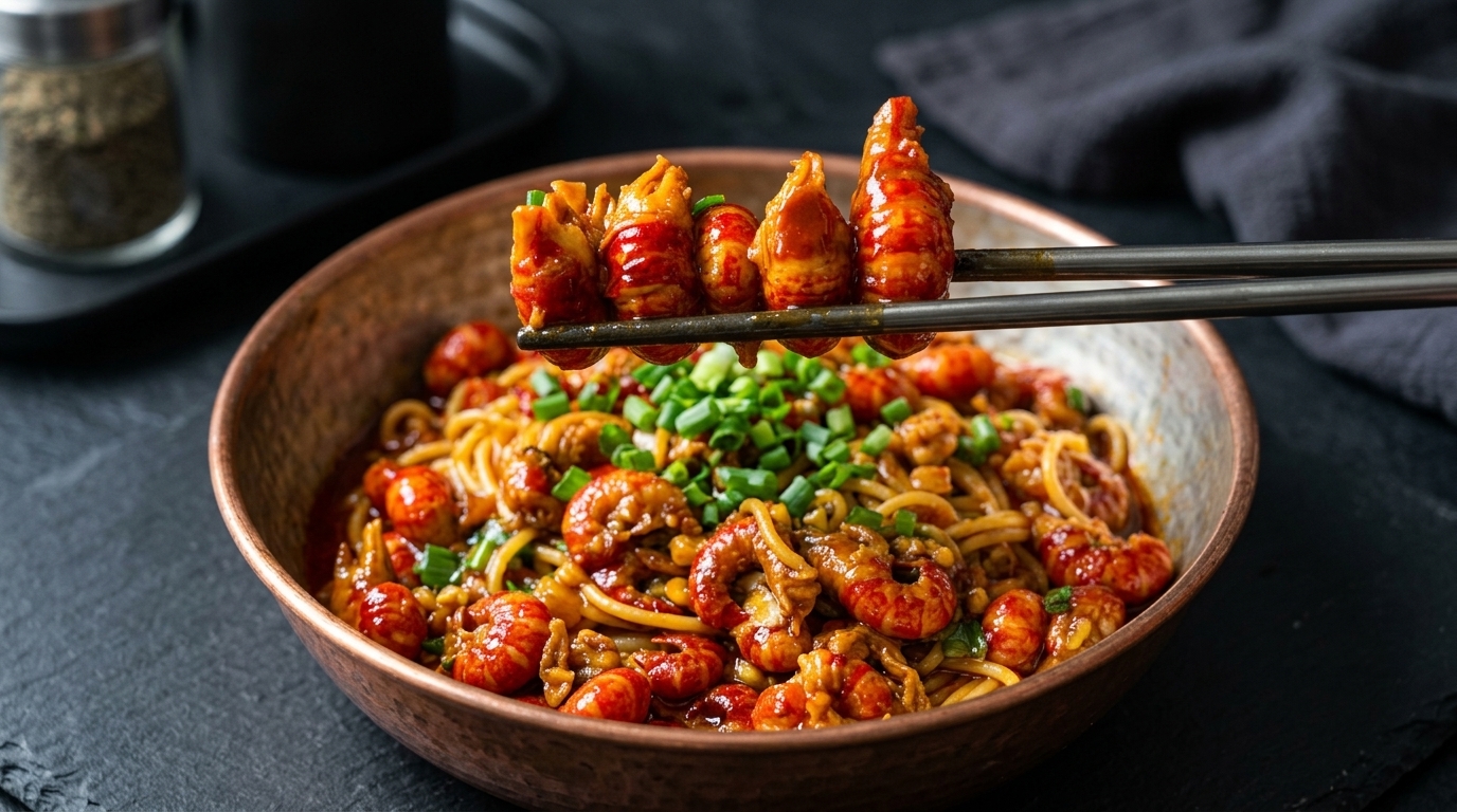 Nouilles sautées aux queues d'écrevisses épicées