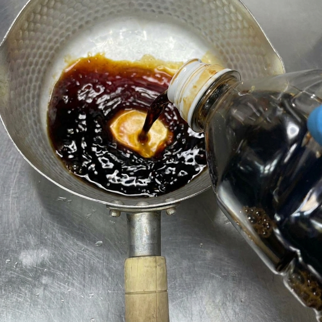 Sauce soja foncée, saké de cuisine et mirin mélangés dans une petite casserole en métal.