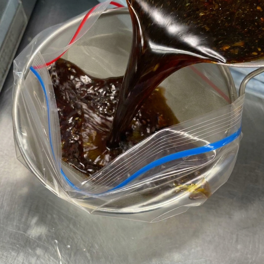 Le mélange sauce soja et poisson versé à travers un tamis fin dans un sachet.