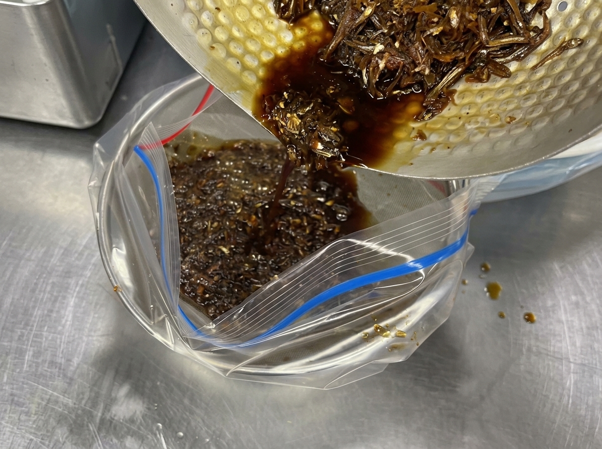 Légumes, dont du chou, des carottes et des aromates, ajoutés dans une grande marmite de bouillon bouillant.