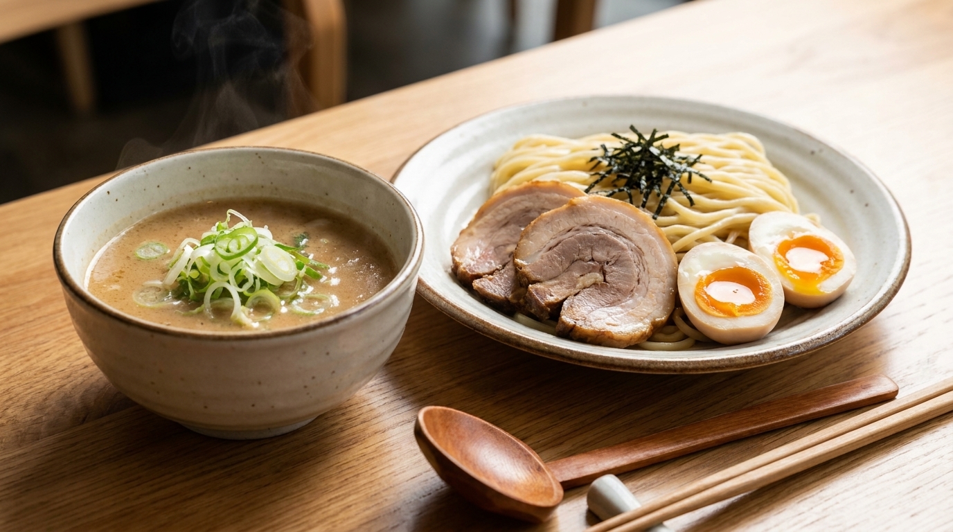 Un bol de bouillon Tsukemen riche et crémeux, accompagné de nouilles ramen froides, dœufs mollets et de porc chashu tendre.