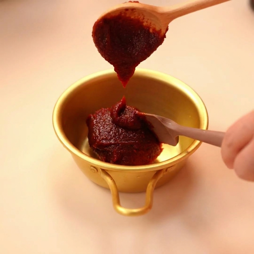 Une cuillère en bois déposant de la pâte de piment rouge dans un petit bol doré.