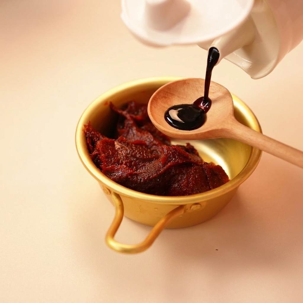 Sauce soja versée sur une cuillère au-dessus du bol de gochujang.