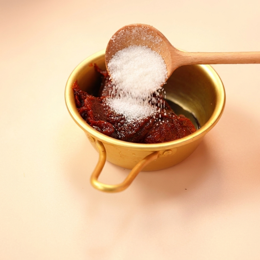 Sucre versé dans le bol contenant le mélange de pâte de piment et de sauce soja.