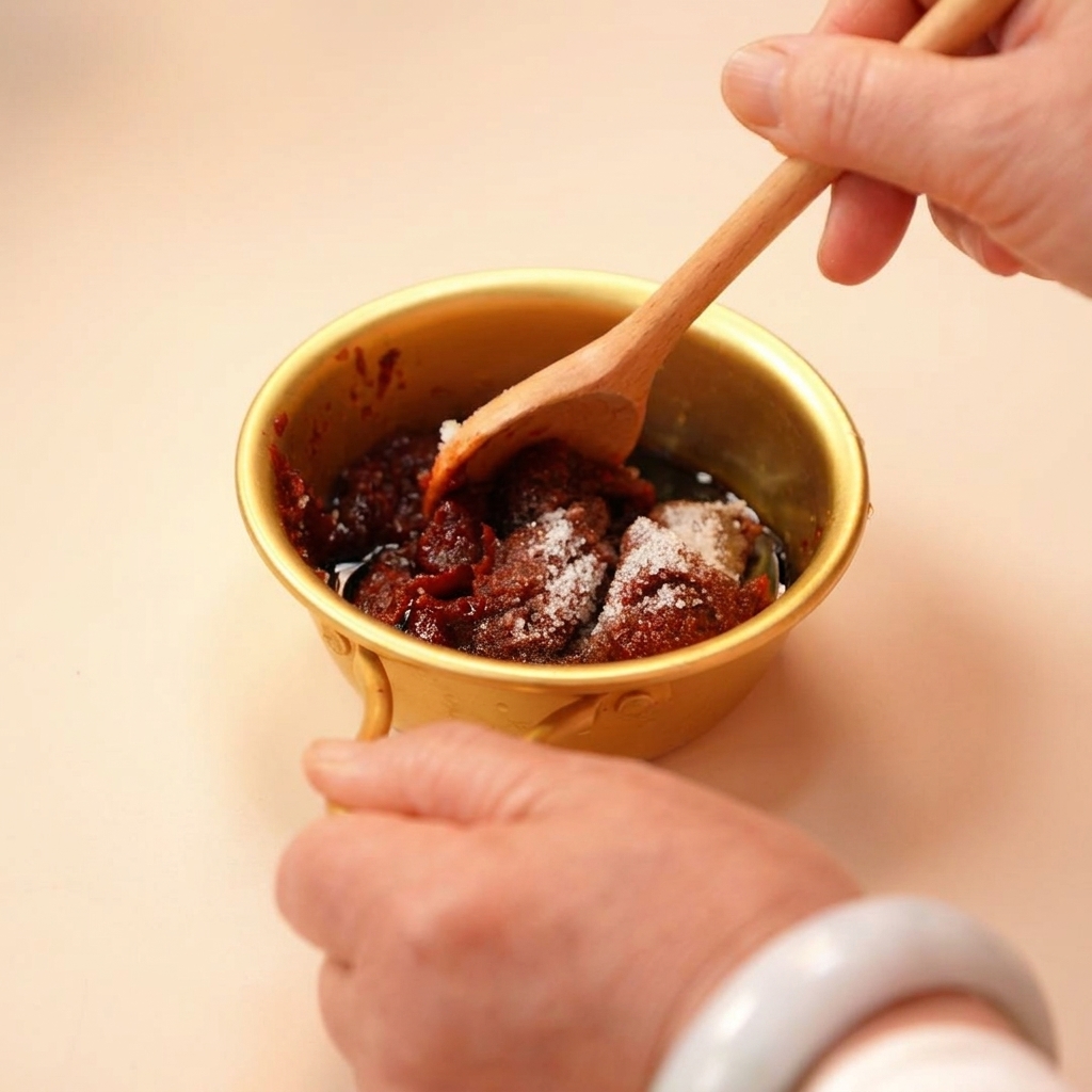 Main mélangeant vigoureusement la sauce rouge dans le bol doré.