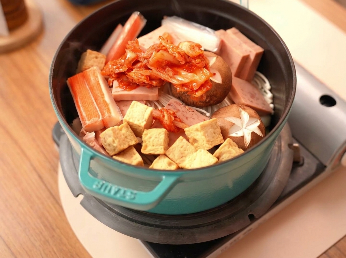 Tas de kimchi rouge vif au centre de la marmite.