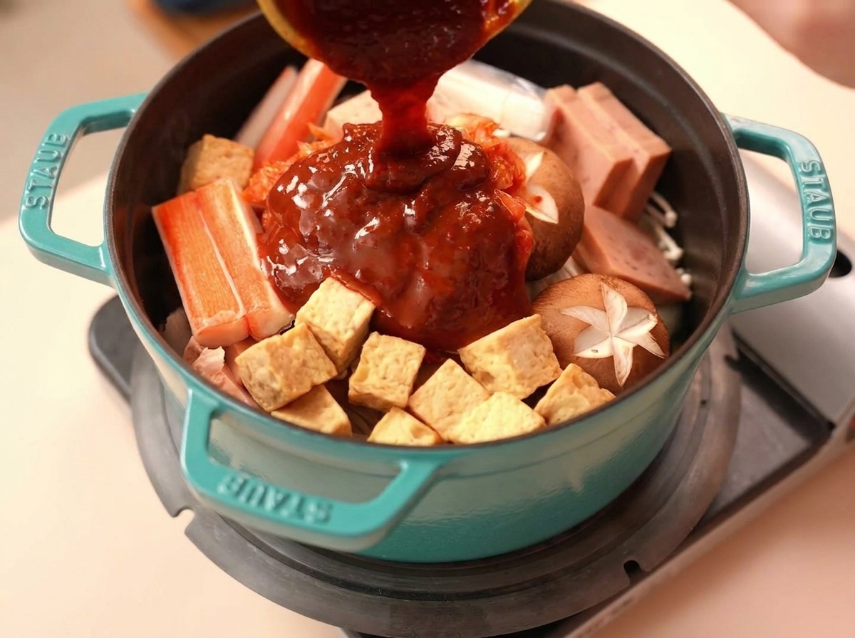 Sauce rouge épaisse versée sur le kimchi au centre de la marmite.
