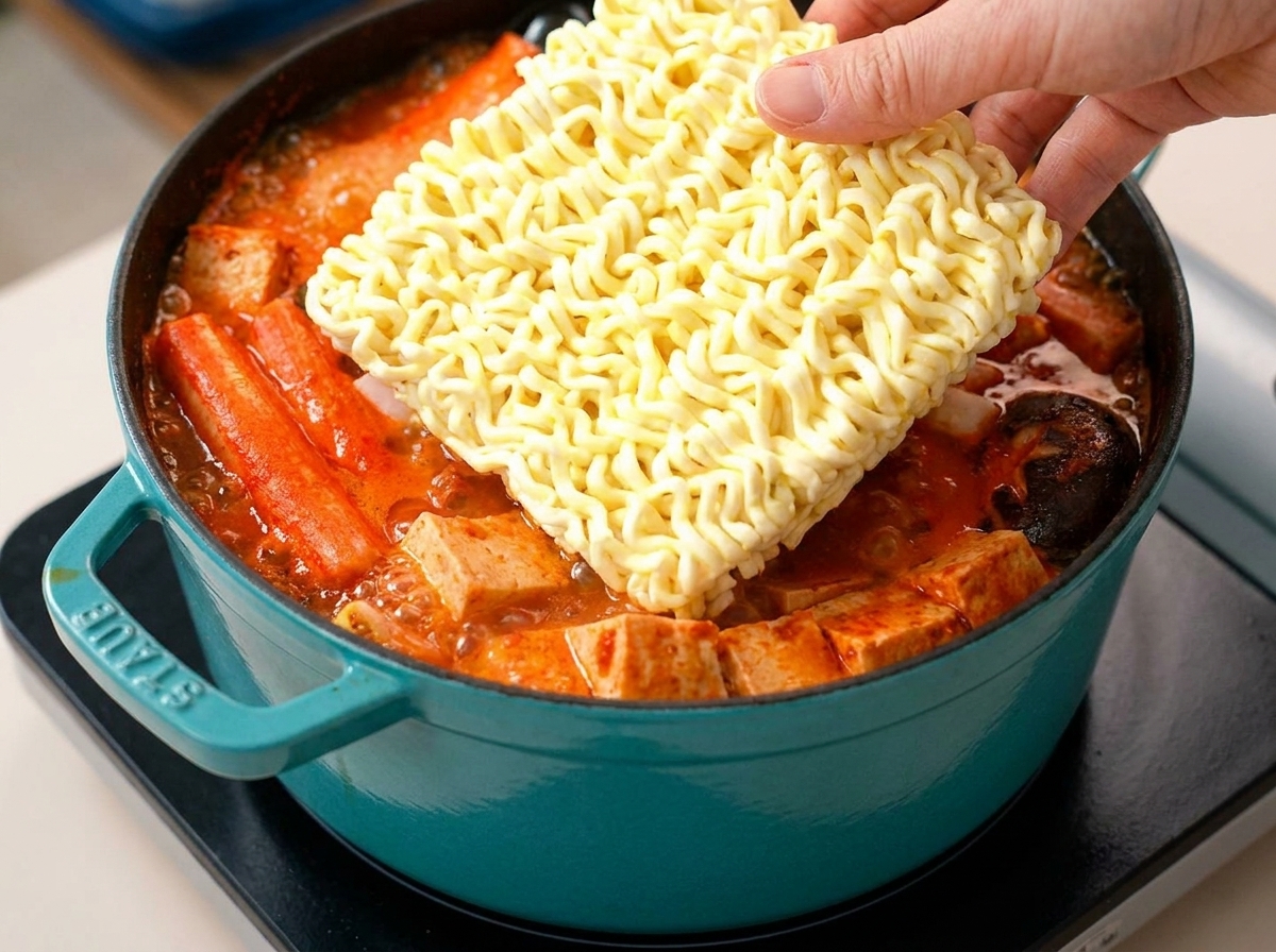 Bloc de nouilles ramen plongé dans le bouillon bouillant.