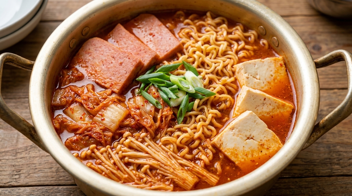 Une marmite de Budae Jjigae fumante garnie de nouilles, de spam, de tofu et de kimchi.