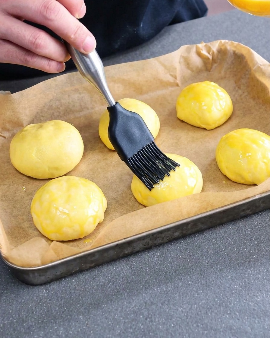 Boules de pâte à pain à burger non cuites badigeonnées de dorure à lœuf sur une plaque tapissée de papier sulfurisé.