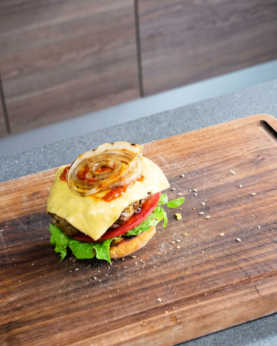 Un burger fraîchement assemblé avec de la laitue, des tomates, un steak haché, du fromage fondu et des oignons grillés.