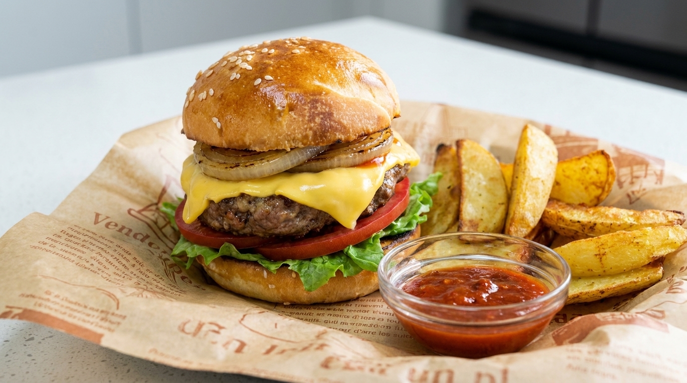 Un cheeseburger gourmet fraîchement préparé avec du fromage fondu, de la laitue croquante et des tomates fraîches, accompagné de potatoes dorées et de ketchup.