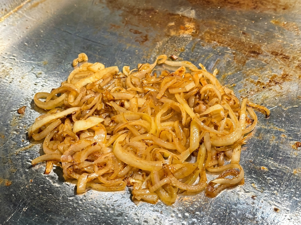 Vinaigre de cidre versé sur les oignons caramélisés sur une plaque chaude.