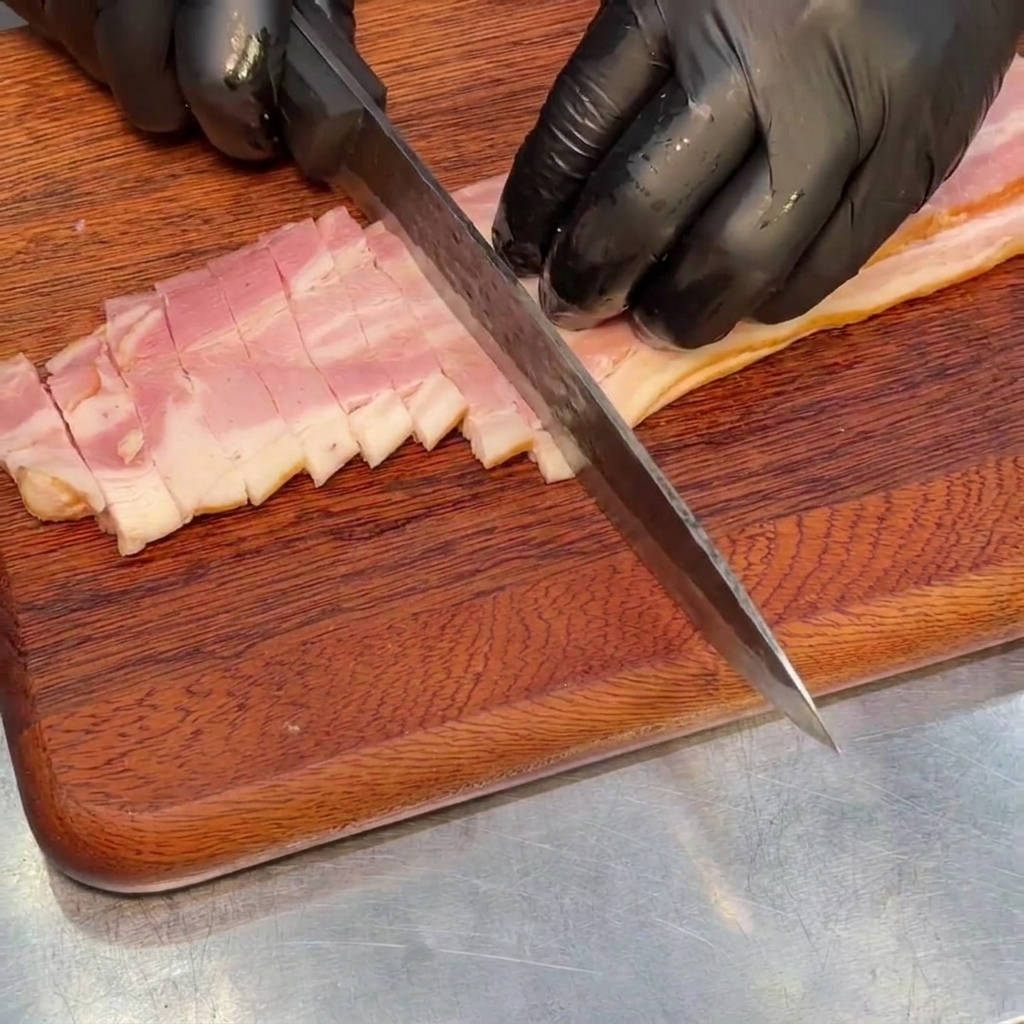 Morceaux de bacon fumé coupés en petits carrés uniformes disposés sur une planche à découper en bois rustique.