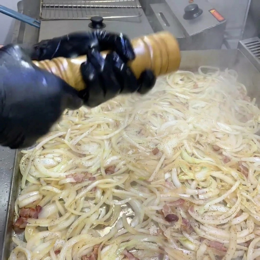 Poivre noir fraîchement moulu par-dessus un mélange doignons et de bacon caramélisés.