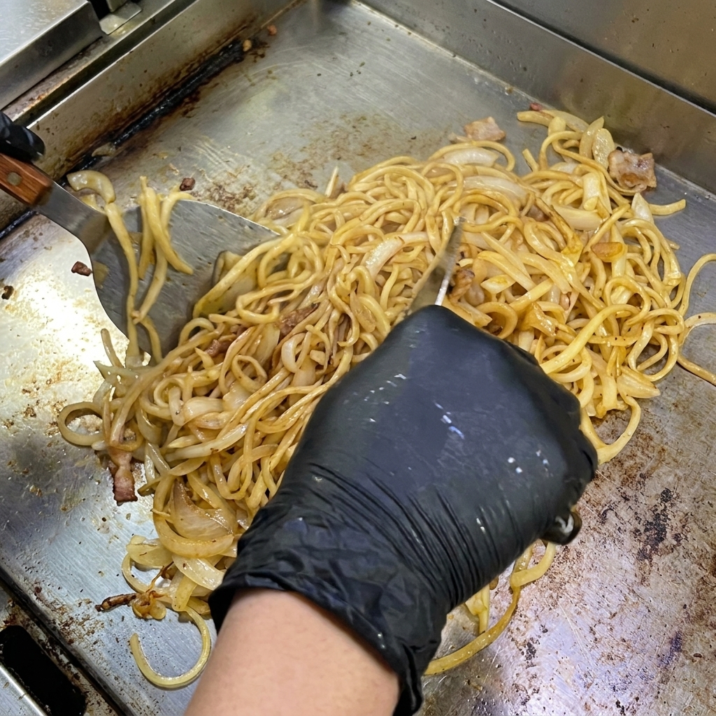 Gros plan sur des morceaux de bacon et des oignons émincés qui brunissent ensemble sur une plaque de cuisson.