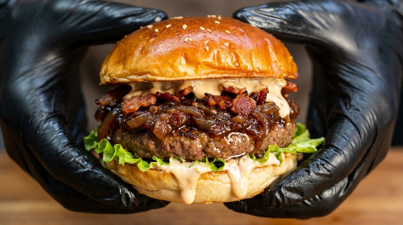 Garniture de burger aux oignons caramélisés et bacon fumé