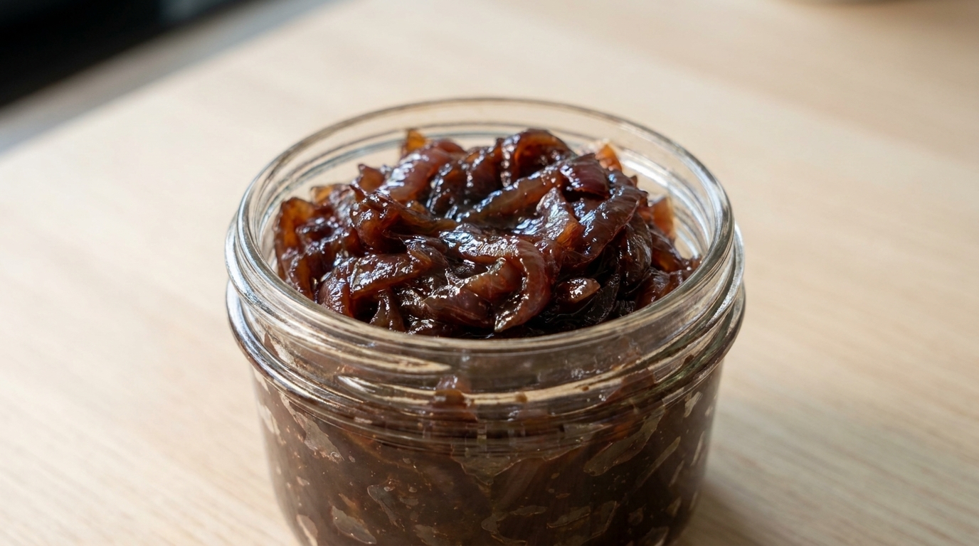 Confiture doignons maison au vin rouge, sombre, brillante et parfaitement réduite.