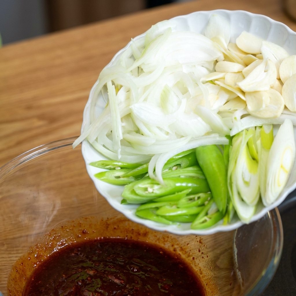 Ail, piments verts et oignons émincés ajoutés dans un bol de sauce.
