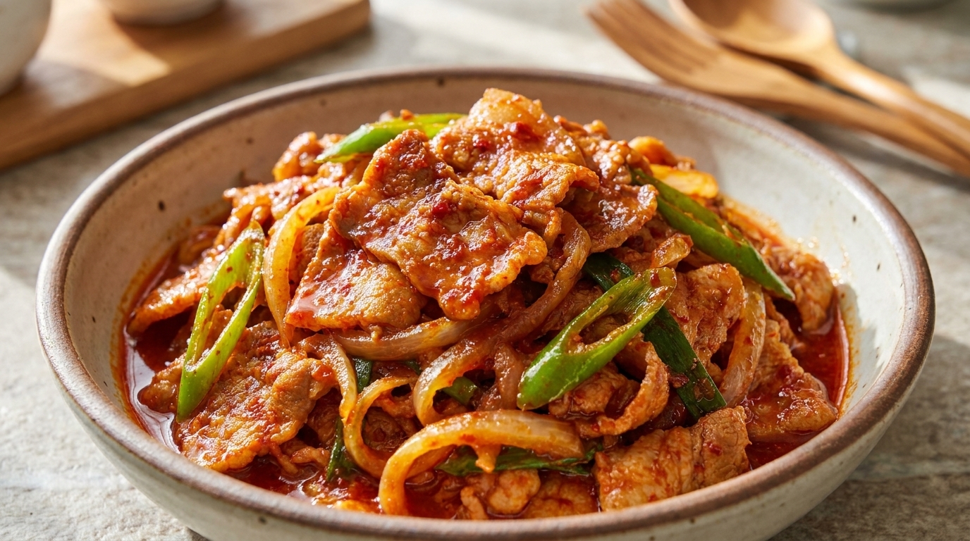 Un bol de poitrine de porc sautée épicée, brillant dun glaçage au piment rouge et agrémenté doignons et de cébettes frais.
