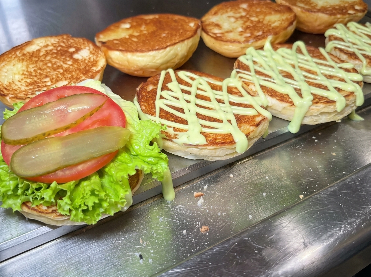 Pain à burger toasté garni de laitue, de tomate et de cornichons, à côté dautres pains nappés de sauce à lavocat.
