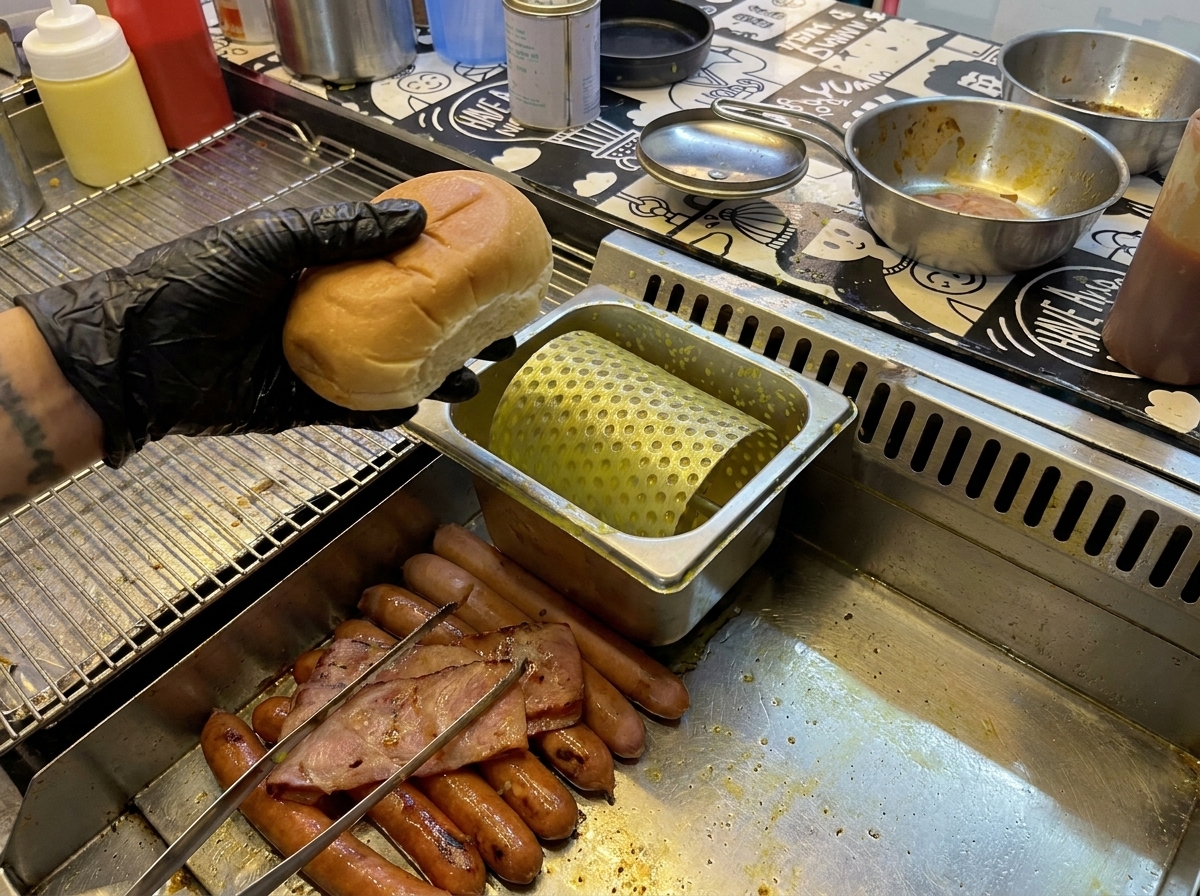 Moitiés de pain à burger beurrées en train de dorer sur une plaque chauffante.