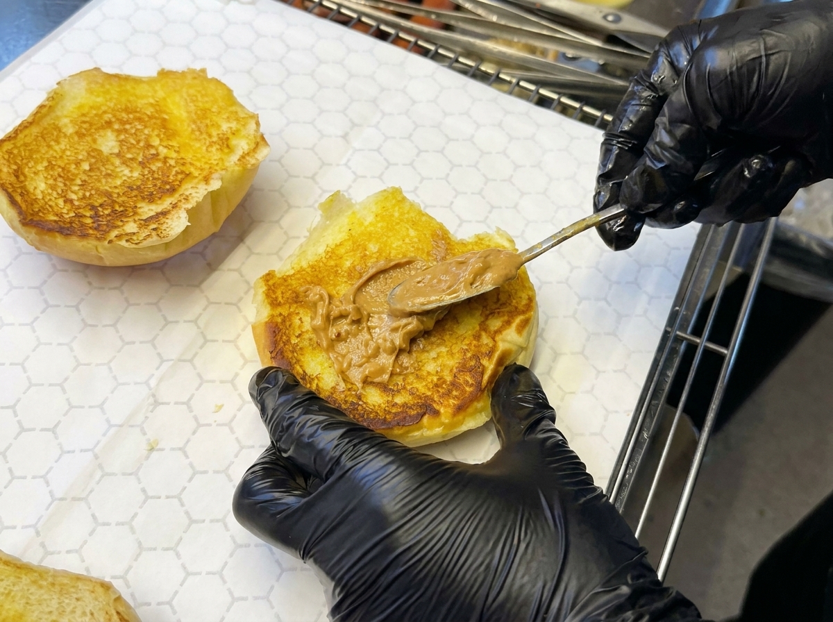 Moitié de pain toasté tartinée de beurre de cacahuète avec de la sauce ajoutée par-dessus.