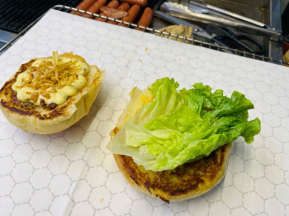 Moitié de pain garnie de bâtonnets de pomme de terre, laitue, bacon et sauce moutarde au miel.