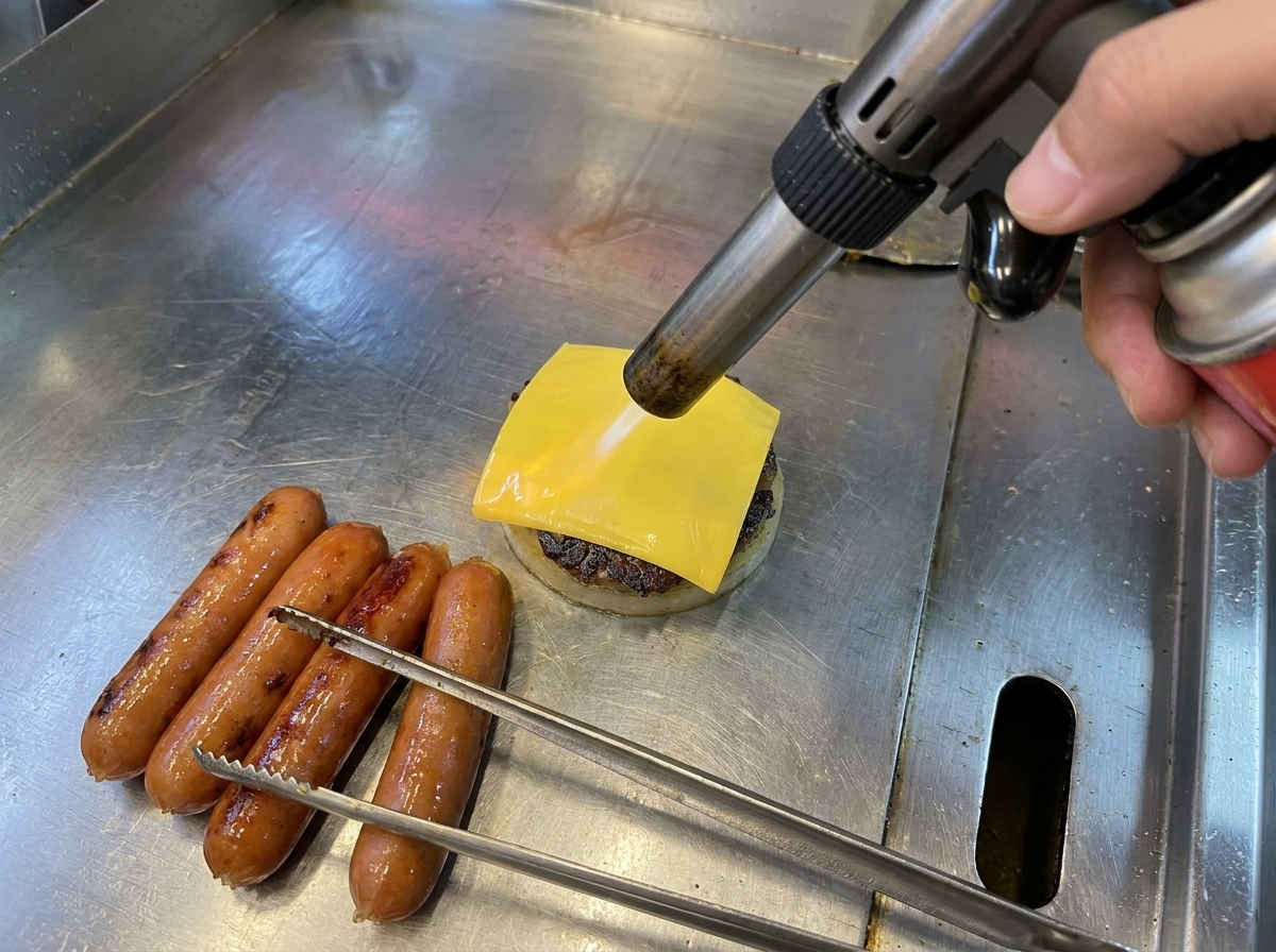 Gros plan dune tranche de fromage fondant sur un steak, chauffée au chalumeau.