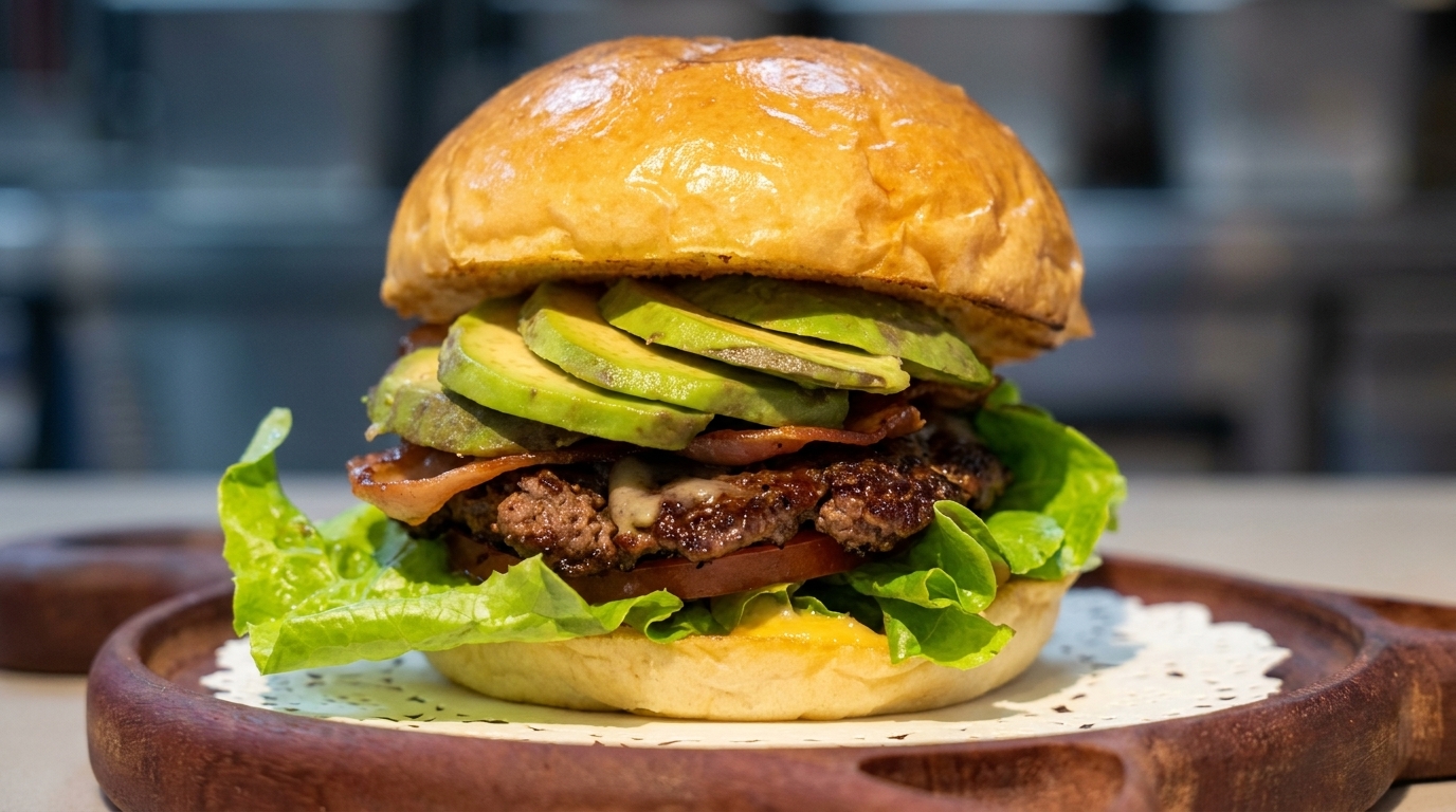 Un burger gourmand à lavocat composé dun steak de bœuf juteux, de bacon croustillant et davocat frais sur un pain brioché toasté.