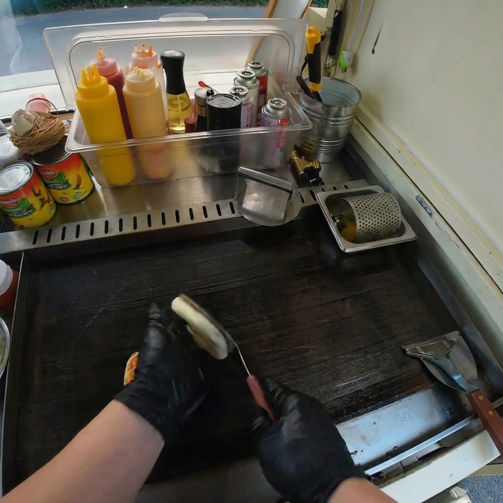 Un steak haché grésillant dans une poêle chaude, montrant une belle croûte sur les bords.