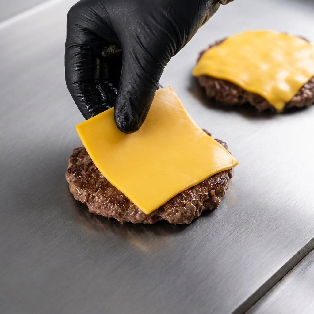 Tranches de cheddar jaune fondant sur les steaks sur un grill.