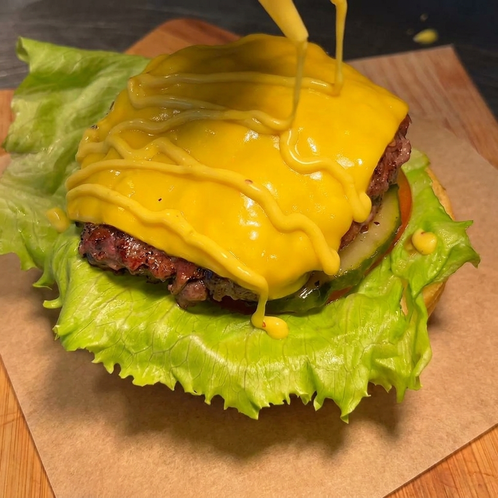 Moutarde jaune versée en spirale sur le fromage fondu.