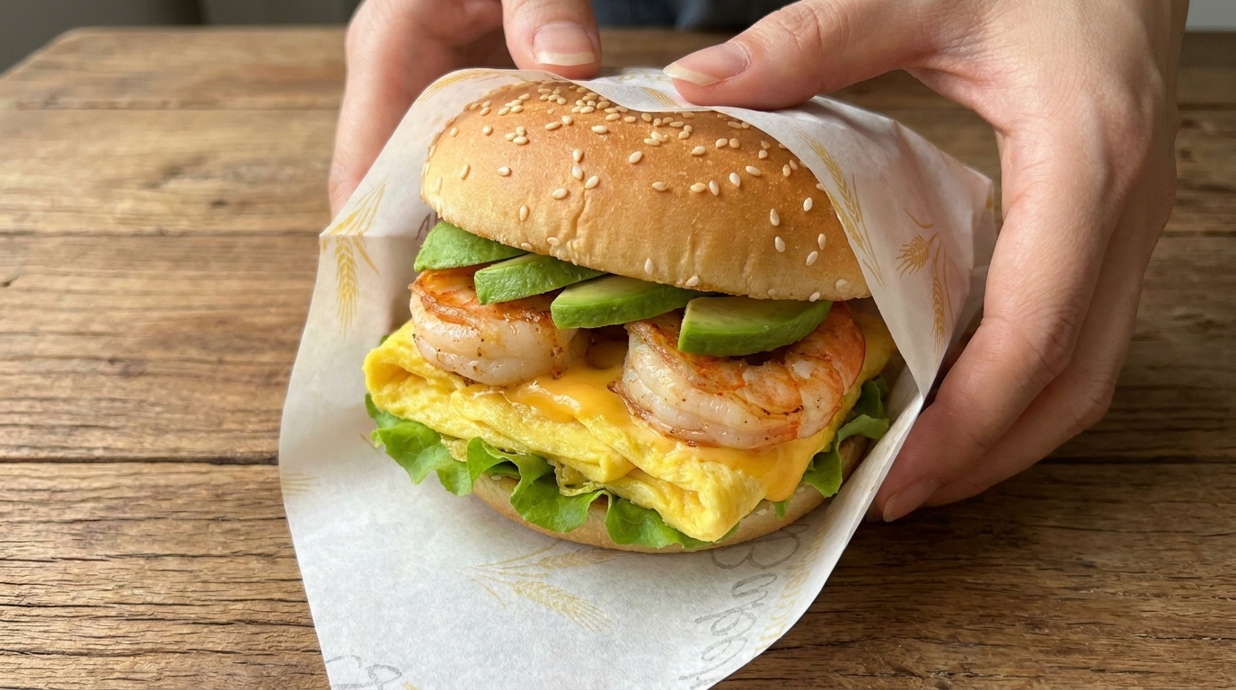 Un burger de petit-déjeuner gastronomique garni de laitue croquante, dun œuf au fromage fondant, de crevettes sautées succulentes et davocat frais.