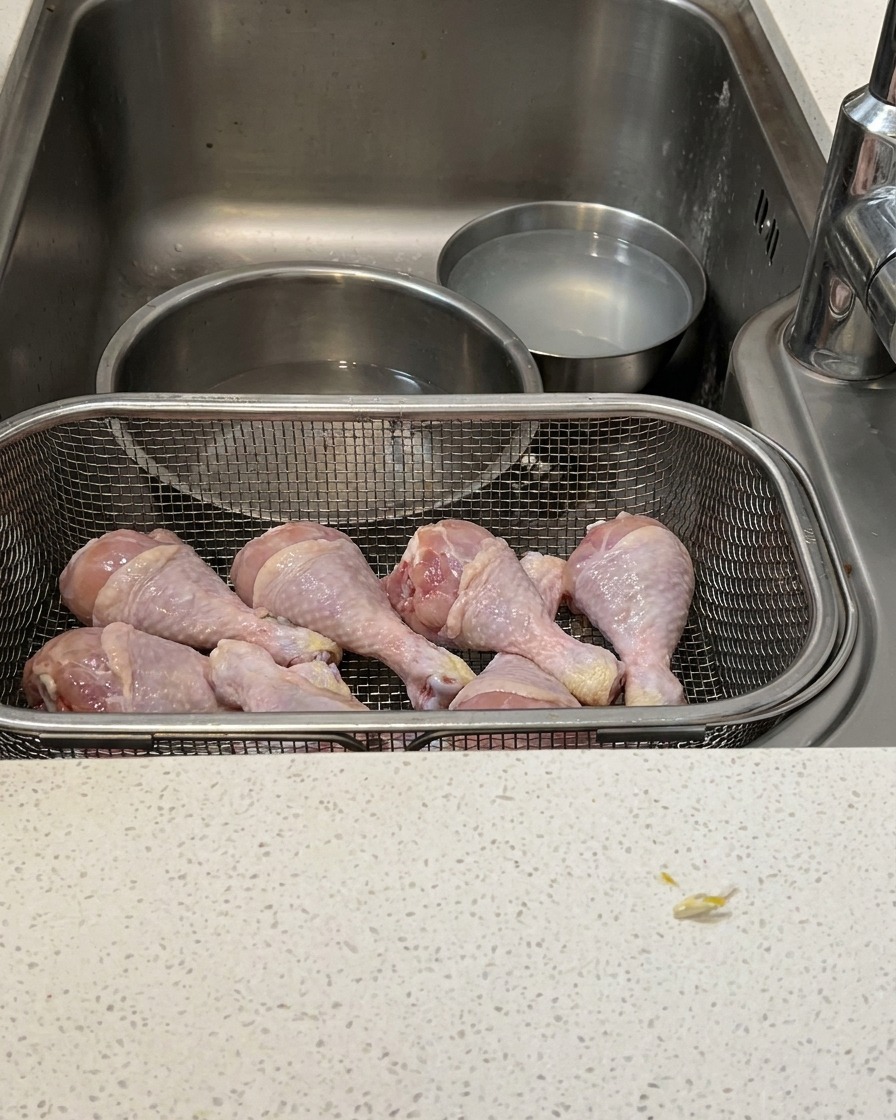 Un haut de cuisse de poulet cru en train dêtre soigneusement désossé avec des ciseaux de cuisine au-dessus dune passoire.