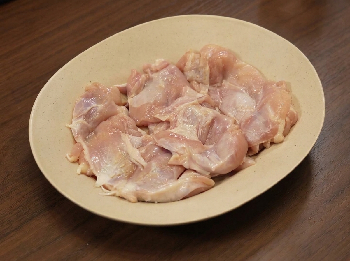 Mains frictionnant des épices sur du poulet cru dans une assiette.