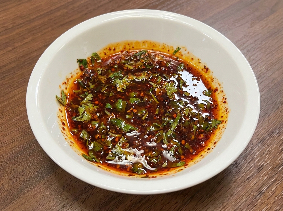 Petit bol blanc contenant le mélange dhuile, dherbes et dépices pour la sauce.